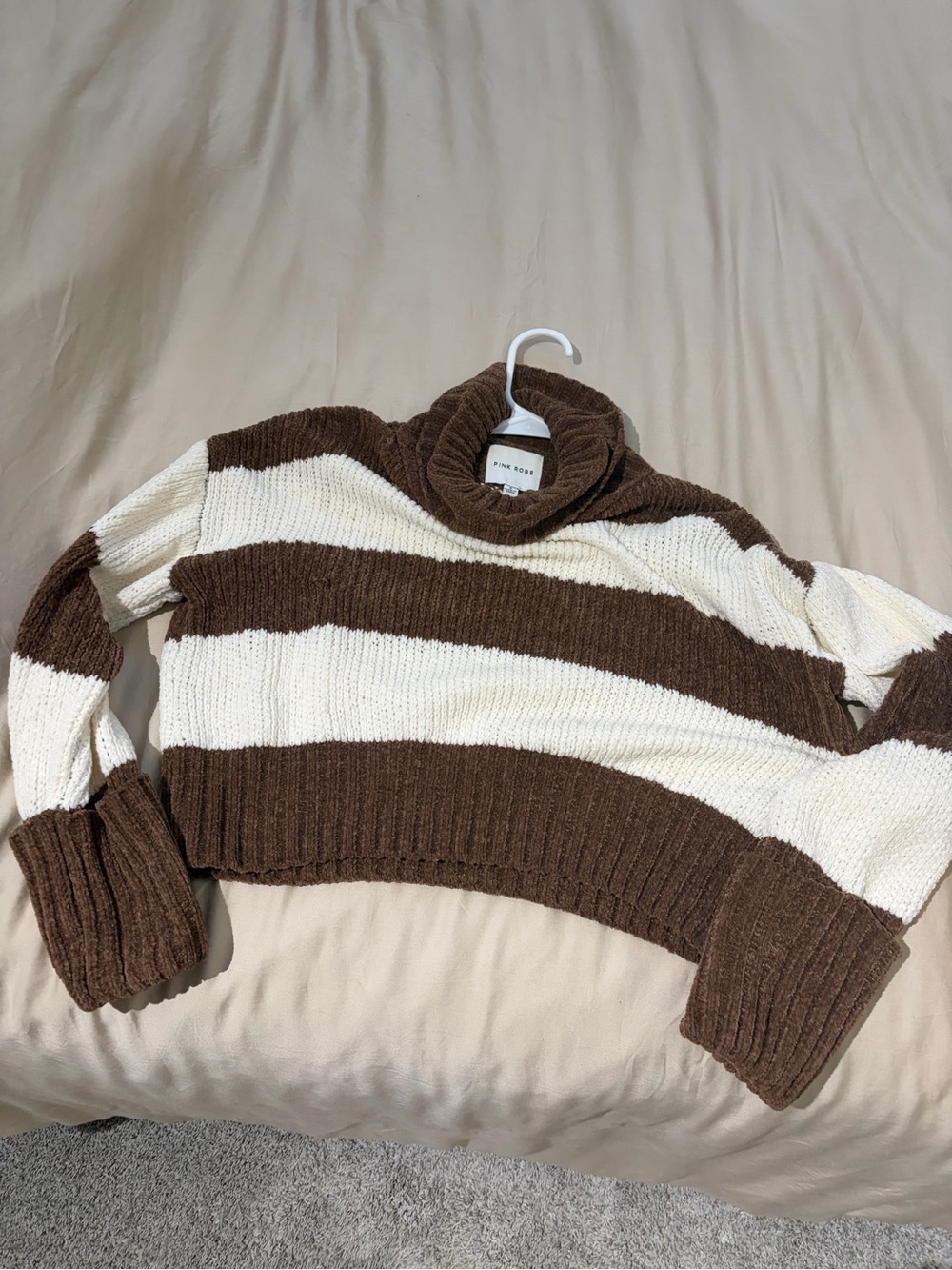 Pink Rose Brown & White Striped Turtleneck Sweater